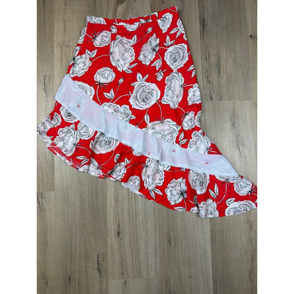 Jaase Anthropologie Red Floral Asymmetrical Ruffle Midi Skirt Womens Small‎ Rose